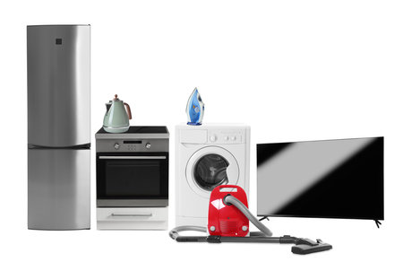 Assortment of home appliances isolated on whiteの写真素材