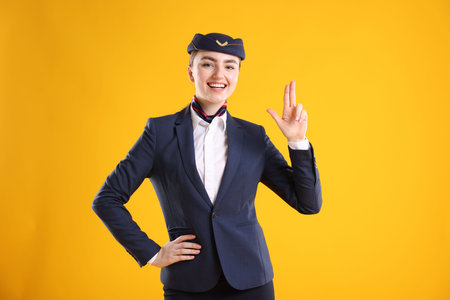 Charming stewardess in uniform on yellow backgroundの写真素材