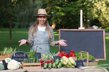 Happy farmer near stall with different fresh vegetables at marketの写真素材
