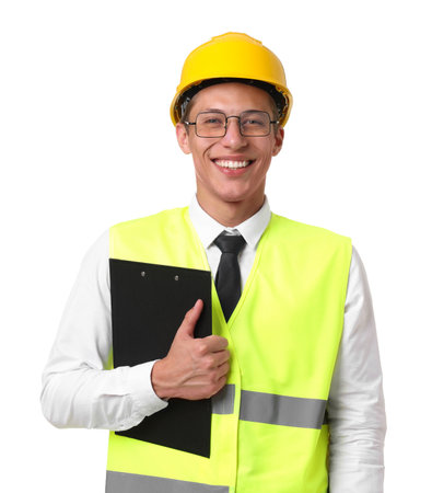 Portrait of engineer in hard hat and reflective vest with clipboard on white backgroundの写真素材