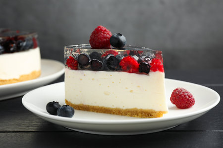 Piece of delicious cheesecake with berries on black wooden table, closeupの写真素材
