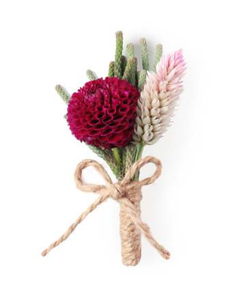 One stylish boutonniere with flowers isolated on white, top view