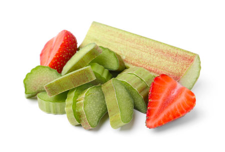 Pieces of rhubarb and strawberry isolated on whiteの写真素材