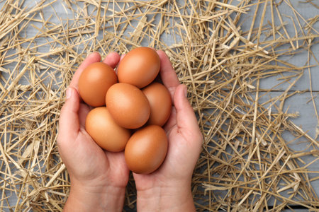 Woman with raw chicken eggs and straw at gray wooden table, top view. Space for text
