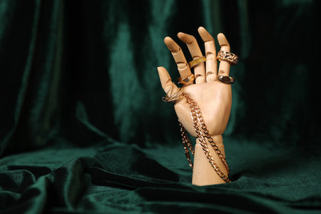 Mannequin hand with beautiful gold jewelry against dark green cloth, space for textの写真素材