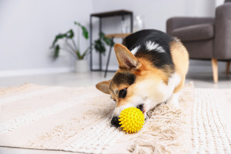 Cute Welsh Corgi playing with toy on floor at home, space for textの写真素材