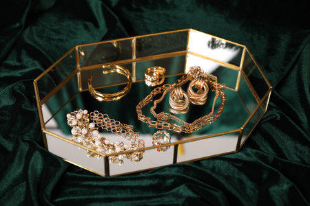 Beautiful gold jewelry on dark green cloth, closeupの写真素材