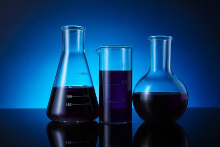 Different laboratory glassware with color liquid on table against blue backgroundの写真素材