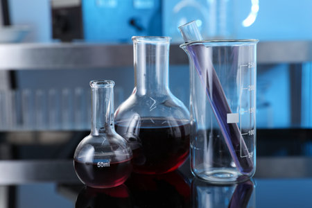 Different glassware with red liquid on table in laboratory, closeup
