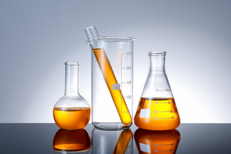 Different glassware with liquid on surface against gray backgroundの写真素材