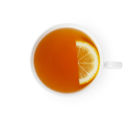 Aromatic tea with lemon in cup isolated on white, top viewの写真素材