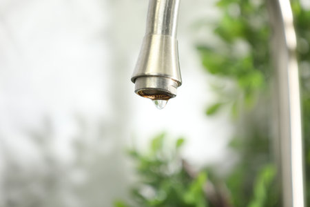 Save water concept. Water dripping from tap indoors, closeup. Space for text