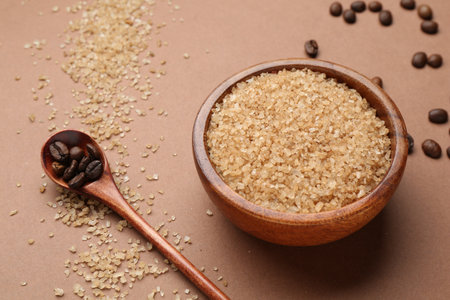 Sea salt and coffee beans on brown background, closeupの写真素材
