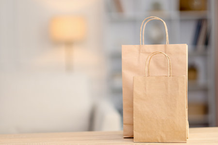 Paper shopping bags on wooden table indoors. Space for textの写真素材