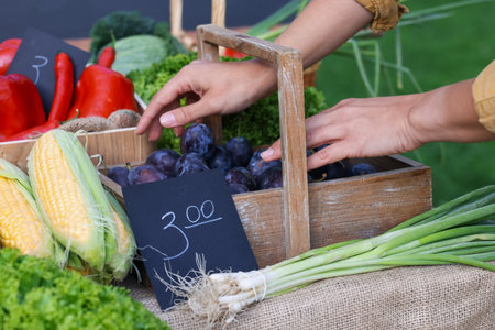 Farmer near stall with plums and different fresh vegetables at market, closeupの写真素材