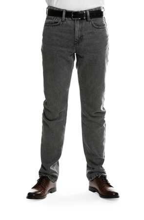 Man in stylish jeans on white background, closeupの写真素材