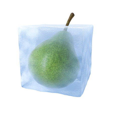 Ice cube with pear isolated on whiteの写真素材
