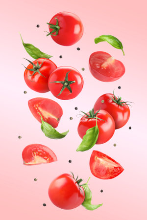 Fresh tomatoes, basil leaves and peppercorns flying on pink gradient backgroundの写真素材