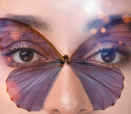 Beautiful young woman and butterfly, double exposure. Collage with bokeh effectの写真素材