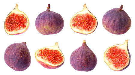 Fresh sweet figs isolated on white, set. Whole and halvesの写真素材
