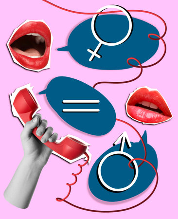 Sex education creative collage. Speech bubbles with female and male gender signs, lips and corded telephone handset in hand. Bright pink backgroundの写真素材