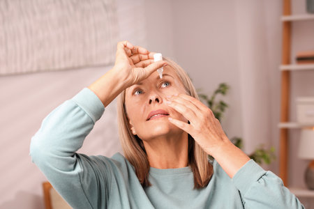 Senior woman applying eye drops at homeの写真素材