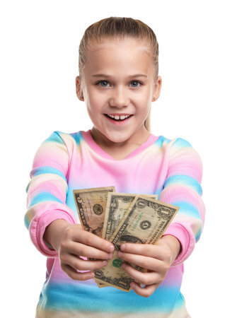 Little girl with pocket money on white background