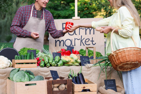 Woman choosing fresh vegetables from stall at farmer's market, closeupの写真素材