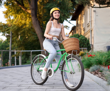 Woman in helmet riding bicycle on city streetの写真素材
