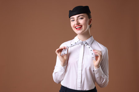 Charming stewardess in uniform on brown background. Space for textの写真素材