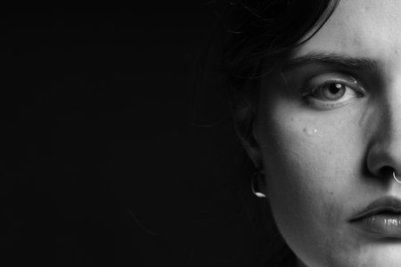 Sad woman crying on dark background, closeup. Black and white effect
