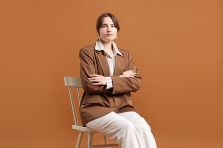 Professional psychotherapist on chair against brown backgroundの写真素材