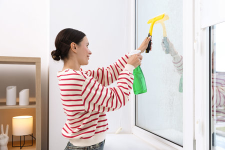 Woman cleaning window with squeegee and detergent indoors