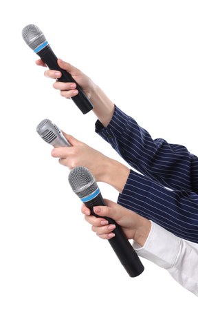 Journalists with microphones on white background, closeupの写真素材