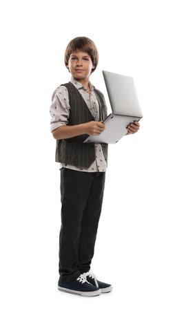 Choice of profession. Little boy pretending to work with laptop on white backgroundの写真素材
