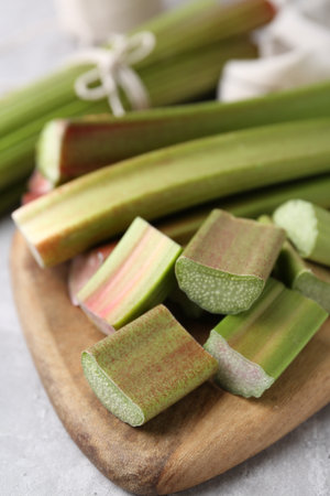Fresh rhubarb stalks on light table, closeupの写真素材
