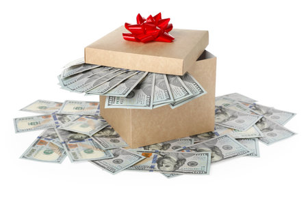 Gift box with dollar banknotes isolated on whiteの写真素材