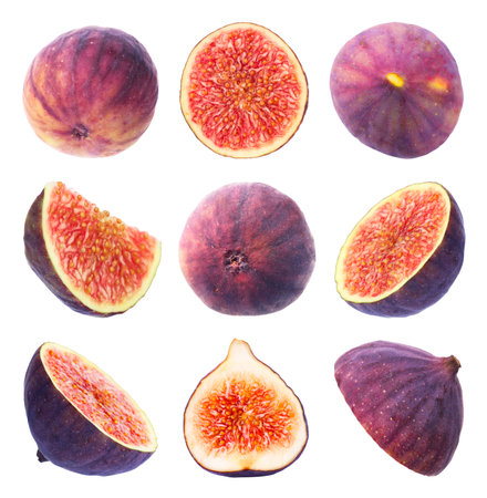 Fresh sweet figs isolated on white, set. Whole and slicedの写真素材