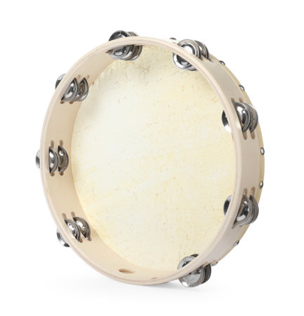 One tambourine isolated on white. Musical instrumentの写真素材