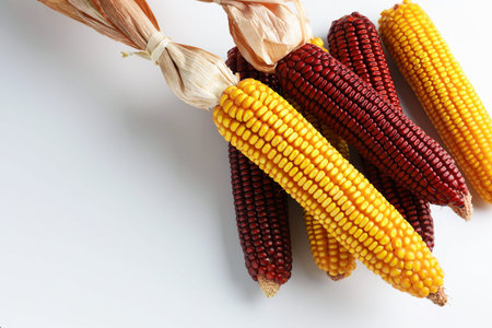 Red and yellow corn cobs on white background, flat lay