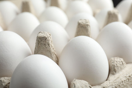 Many raw chicken eggs in egg carton, closeup