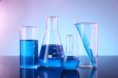 Different glassware with blue liquid on mirror surface against color backgroundの写真素材