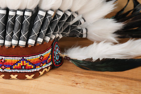 Traditional warbonnet (Native American chief headdress) on wooden table, closeupの写真素材