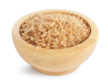 Sea salt in wooden bowl isolated on whiteの写真素材