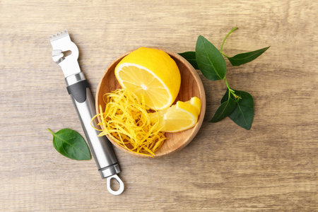 Lemon zest, fresh fruits, zester tool and green leaves on wooden table, flat lay
