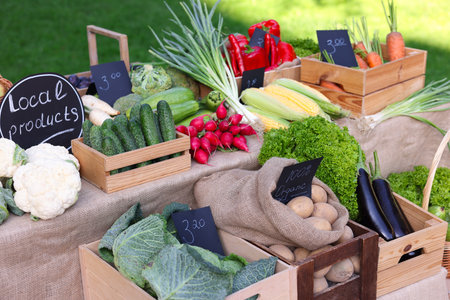 Many different vegetables on stall at farmer's market, closeupの写真素材