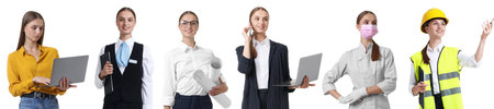 Choice of profession. Same woman representing different occupations. Collage of portraits on white...