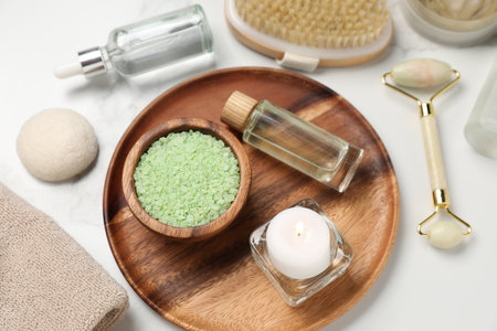 Composition with different spa products on white marble table, above viewの写真素材