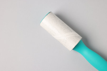 One lint roller on light gray background, top view. Space for text