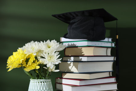 Happy Teacher's Day. Stack of books, vase with flowers and mortarboard near chalkboard, closeupの写真素材
